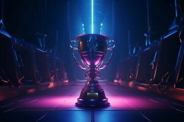 Sci fi gaming showdown A champion cup stands on a virtual reality stage - obrazy, fototapety, plakaty