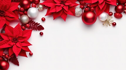 Christmas decoration, Frame of flowers of red poinsettia, branch christmas tree. Generative Ai