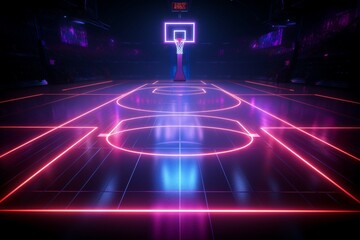 Vivid 3D sports arena Neon lit basketball court showcased from the side