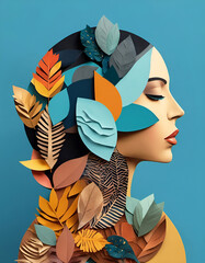 Portrait de femme par collage de papier 3d, art nature et mode - IA générative - obrazy, fototapety, plakaty