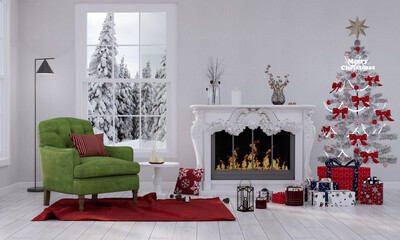 christmas room interior, Xmas Tree decorated with gift box and chair green. 3D rendering.