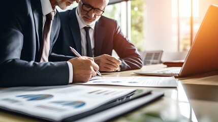 Two financial experts discussing accounting tax documents in office. Mature business executive colleagues doing paperwork. generative AI