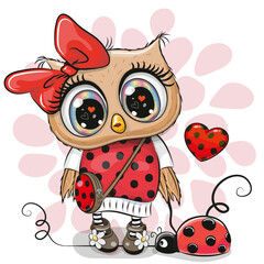 Cute Owl girl in a ladybug costume and ladybug