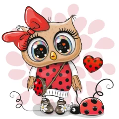 Fotobehang Kinderkamer Cute Owl girl in a ladybug costume and ladybug