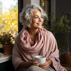 Beautiful, calm senior woman enjoying her morning coffee.