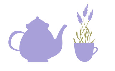 Violet kettle and mug with lavender, herbal calming tea, vector illustration