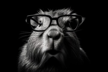 Clever funny black and white capybara wearing eyeglasses on black background. cute capybara student with glasses Back to school concept. adorable pets. Education