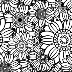 Sunflowers seamless pattern background. Doodles floral black and white vector illustration. Perfect for wallpaper, adult coloring books, warping paper and fabric 