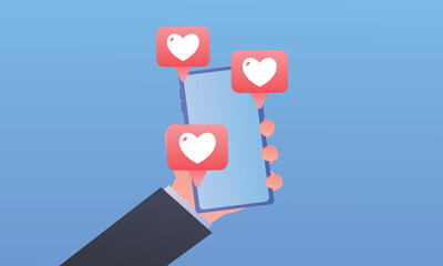 Mobile phones with likes social media concept.on blue background.Vector Design Illustration.