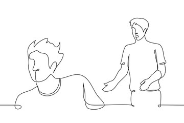 man runs from a second person standing in confusion - one line art vector. concept avoid, ignore, run away from an obsessive person or stalker, an introvert runs away from communication