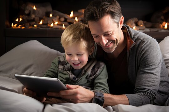 Caucasian father using digital tablet in bed with his son