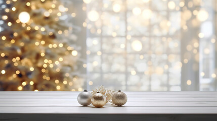 Empty white wold table top with abstract warm living room decor with christmas tree. Generative Ai