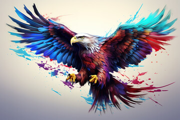 Image of colorful flying eagle on white background. Birds. Wildlife Animals. Illustration, Generative AI