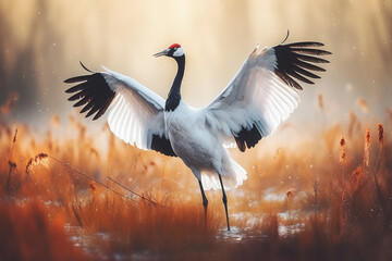 Image of a red crowned crane spread wings in the wetland forest, Bird, Wildlife Animals., Generative AI, Illustration.