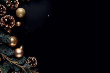 Christmas decoration with branches and ornaments on black background. copy space.