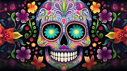 A vibrant Day of the Dead skull adorned with colorful flowers