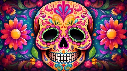 A vibrant Mexican skull adorned with colorful flowers, symbolizing the Day of the Dead celebration