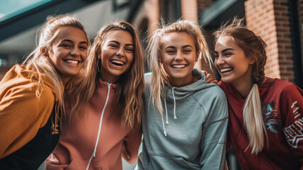 Group of young women laughing happily, dressed in sportswear. Sports, fitness and friendship.genetarive ai