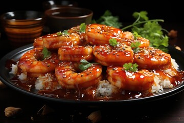 Shrimps in teriyaki sauce. Generative AI