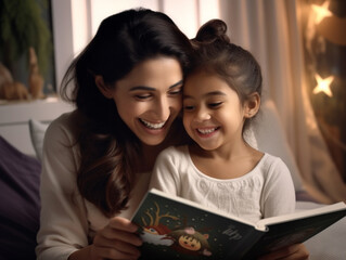 Obraz premium A preschool-age girl smiles while reading a storybook with her mom, creating a heartwarming moment.