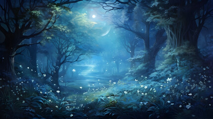 Ideal world in a forest, fantasy world, love for flowers and trees, Beautiful fantasy enchanted forest with flowers