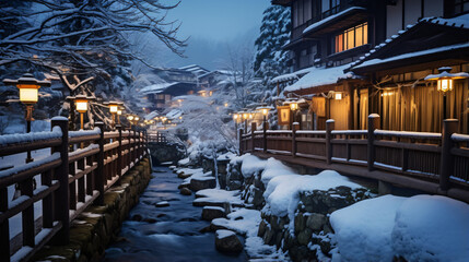 Ancient Ginzan onsen village in winter travel landmark