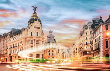 Papier Peint photo Lavable Madrid Madrid cityscape at sunset - Traffic lights in Gran Via - Spain