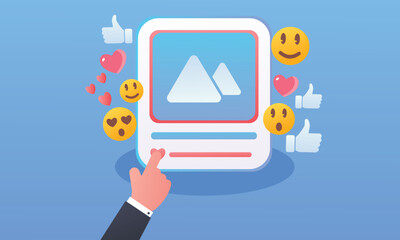 social media post social media posts at hand pushing button icon.on blue background.Vector Design Illustration.