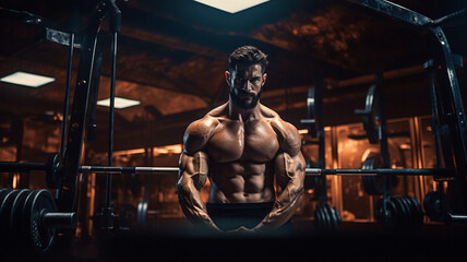 Fototapeta na wymiar Professional Bodybuilder in Well-Equipped Gym: Intense Focus and Determination
