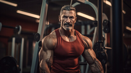 Fototapeta na wymiar Professional Bodybuilder in Well-Equipped Gym: Intense Focus and Determination