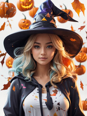 Beautiful woman in halloween costume on white background