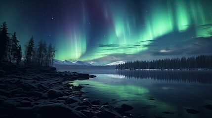 Aurora borealis lighting up the night sky over a tranquil lake, capturing the ethereal dance of lights