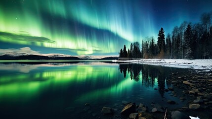 Aurora borealis lighting up the night sky over a tranquil lake, capturing the ethereal dance of lights