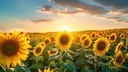 Blooming sunflower field, with one sunflower taller than the rest