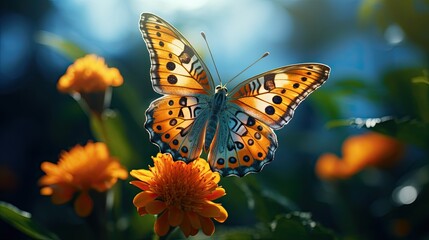 Obraz premium Close-up of a butterfly resting on a flower, emphasizing intricate wing patterns