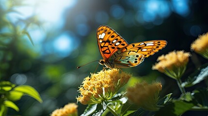Obraz premium Close-up of a butterfly resting on a flower, emphasizing intricate wing patterns