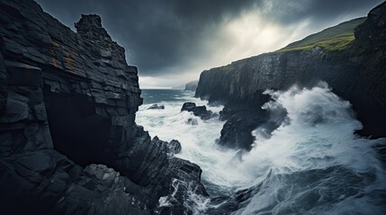 Rugged cliff edges battered by crashing waves, showcasing the force of nature