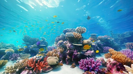 Naklejka premium Vibrant coral reef teeming with marine life, showcasing biodiversity