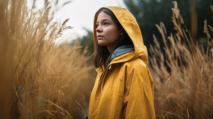 Moody Fall Scene Female Wanderer in Vibrant Raincoat