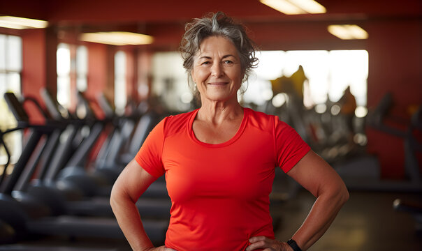 femme l&eacute;g&egrave;rement en surpoids, entre 50 et 60 ans &agrave; la salle de sport