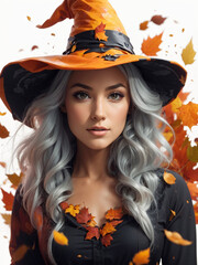 Beautiful woman in halloween costume on white background