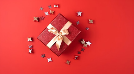 Christmas gifts in christmas stocking on red background 3d illustration. Generative Ai