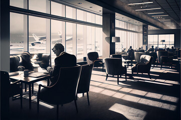 Fototapeta na wymiar Business lounge. Departure lounge at airport with seating and table with aircraft preparing for flight in the background