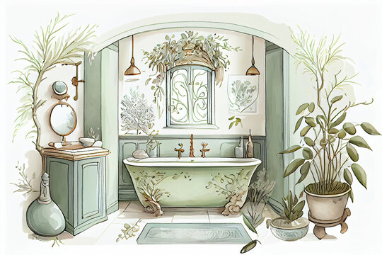 Floor plan bathroom fragment drawn by hand with watercolor aquarelle technique on genuine paper.