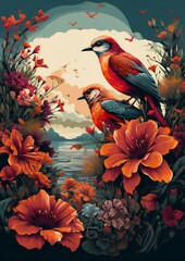 poster with birds and flowers illustration