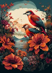 Fototapeta premium poster with birds and flowers illustration