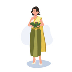 Thai Krathong Festival Illustration. A woman in traditional dress holding Krathong. Loy Krathong Traditional Festival in Thailand