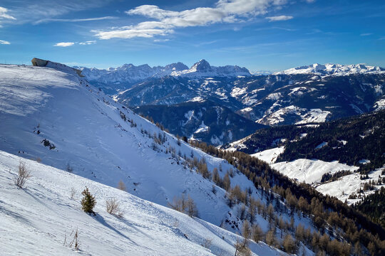 Panoramic view from top of Kronplatz mountain (ital. Plan de corones) with Messner Mountain Museum Corones