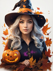 Beautiful woman in halloween costume on white background