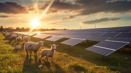 solar panels and sheep on the field, alternative electricity - obrazy, fototapety, plakaty